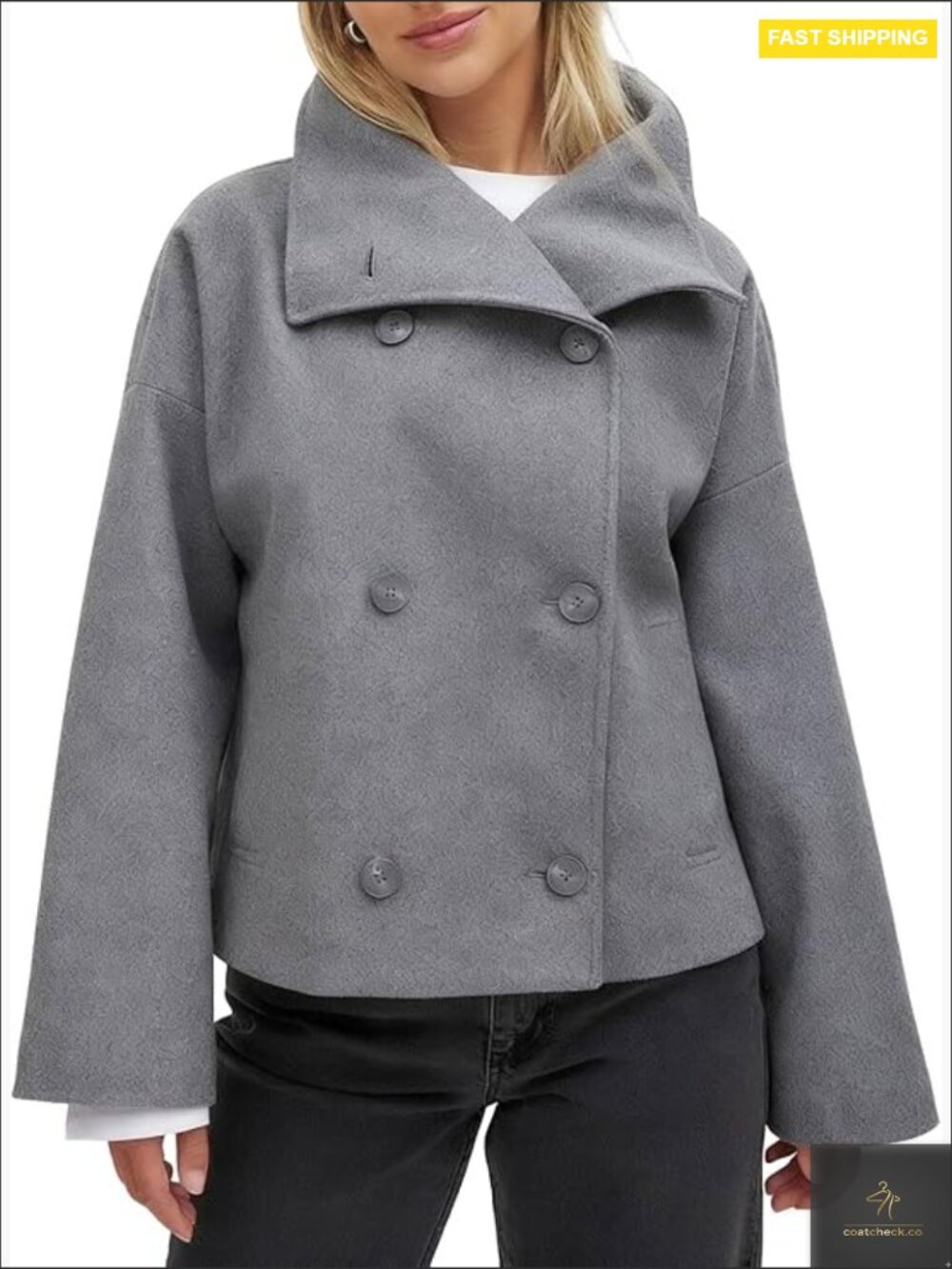 Cropped Peacoat Double Breasted Wool Blend Jacket Oversized Classic Chic